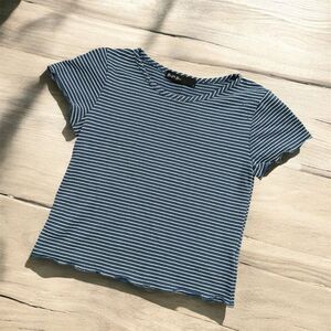 Brit & Bri Blue White Stripe Ribbed Lettuce Baby Tee Shirt Small